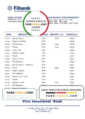 Bulgaria Fibank bank statement template in Word and PDF format