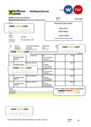 Bulgaria Raiffeisen bank statement, Word and PDF template
