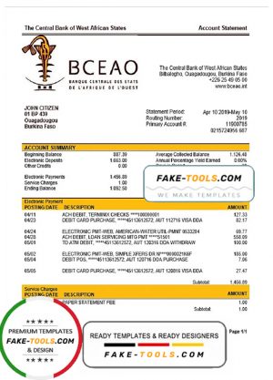 Burkina Faso The Central Bank of West African States bank statement template, Word and PDF format (.doc and .pdf)