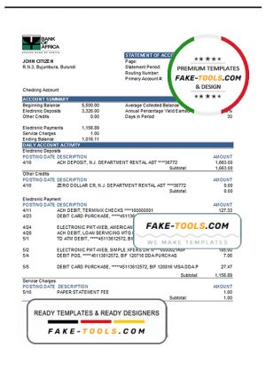 Burundi Bank of Africa bank statement Excel and PDF template (AutoSum)