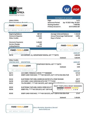 Burundi Bank of Africa bank statement Word and PDF template