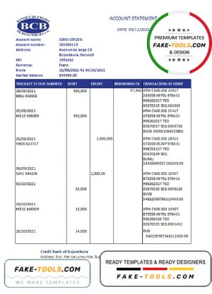 Burundi Credit Bank of Bujumbura bank statement template in .xls and .pdf file format