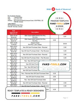 Canada Bank of Montreal bank statement template in Word and PDF format (.doc and .pdf)
