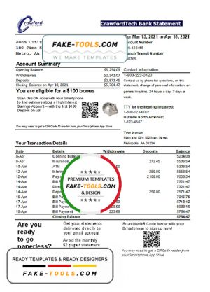 Canada CrawfordTech bank proof of address statement template in Word and PDF format (.doc and .pdf)