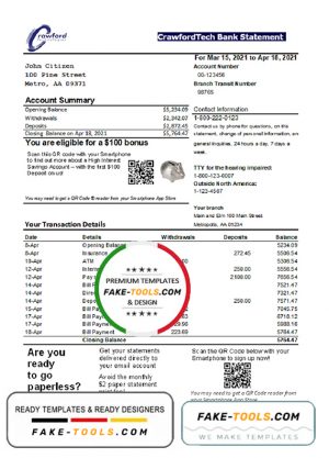 Canada CrawfordTech bank statement easy to fill template in Excel and PDF format
