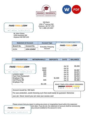 Canada Money Mentors (MM) bank statement Word and PDF template