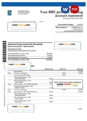 Canada Royal Bank of Canada (RBC) bank statement, Word and PDF template, 4 pages, version 2 Canada Royal Bank of Canada (RBC) bank statement, Word and PDF template, 4 pages, version 2 Canada Royal Bank of Canada (RBC) bank statement, Word and PDF template, 4 pages, version 2 Canada Royal Bank of Canada (RBC) bank statement, Word and PDF template, 4 pages, version 2