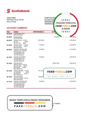 Canada Scotiabank bank statement .xls and .pdf template, completely editable (AutoSum)