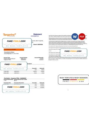 Canada Tangerine bank statement Word and PDF template, 2 pages