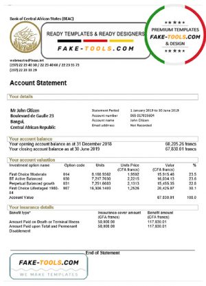 Central African Republic Bank of Central African States (BEAC) bank statement template, Word and PDF format (.doc and .pdf)