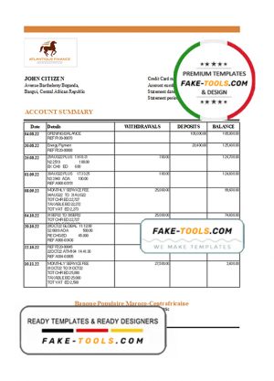 Central African Republic Banque Populaire Maroco Centrafricaine bank statement .xls and .pdf template (AutoSum)