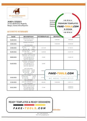 Central African Republic Banque Populaire Maroco Centrafricaine bank statement template in Word and PDF format
