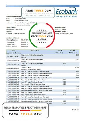 Central African Republic Ecobank bank statement easy to fill template in .xls and .pdf file format (AutoSum)