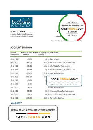 Central African Republic Ecobank bank statement Excel and PDF template (AutoSum)