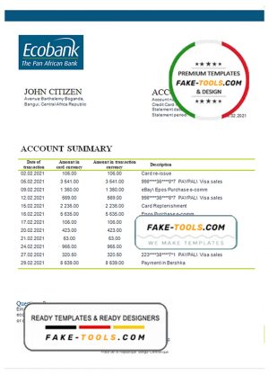 Central African Republic Ecobank bank statement template in Word and PDF format