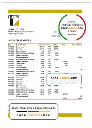 Chad Commercial Bank of Tchad bank statement Excel and PDF template, fully editable (AutoSum)
