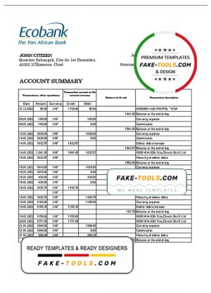 Chad Ecobank bank statement Excel and PDF template, completely editable (AutoSum)