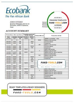 Chad Ecobank bank statement template in Word and PDF format