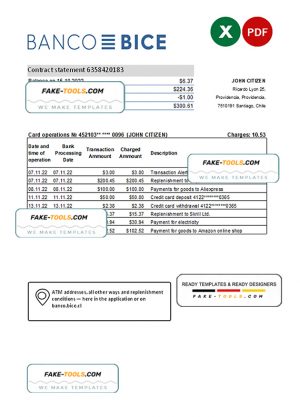 Chile Banco Bice bank statement Excel and PDF template (AutoSum)