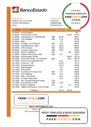 Chile Banco del Estado de Chile bank statement easy to fill template in .xls and .pdf file format