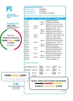 China Industrial and Commercial Bank of China bank statement template in Excel and PDF format