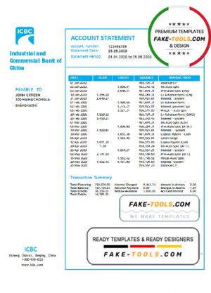 China Industrial and Commercial Bank of China bank statement template in Word and PDF format
