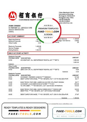 China Merchants bank proof of address statement template in Word and PDF format