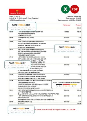 Colombia Banco Davivienda bank statement Excel and PDF template (AutoSum)