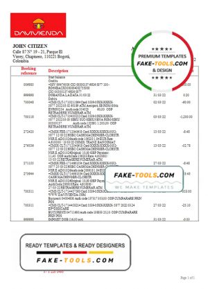 Colombia Banco Davivienda bank statement template in Word and PDF format