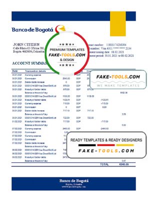Colombia Banco de Bogotá bank statement easy to fill template in Excel and PDF format