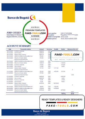 Colombia Banco de Bogotá bank statement template in Word and PDF format