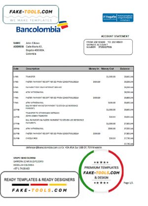 Colombia Bancolombia bank statement easy to fill template in Excel and PDF format