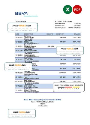 Colombia BBVA bank statement Excel and PDF template (AutoSum)