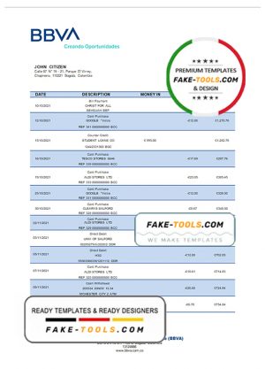 Colombia BBVA bank statement template in Word and PDF format