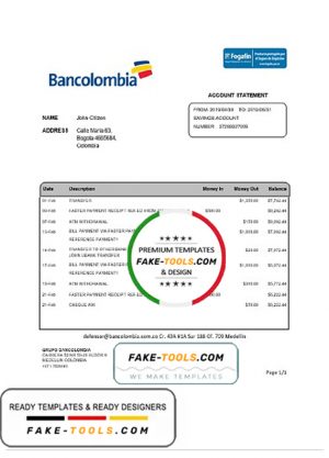 Colombia Bancolombia bank statement easy to fill template in Word and PDF format