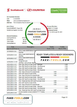 Colombia Scotiabank Colpatria bank proof of address statement template in Excel and PDF format (.xls and .pdf)