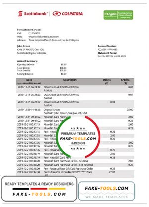 Colombia Scotiabank Colpatria bank proof of address statement template in Word and PDF format (.doc and .pdf)