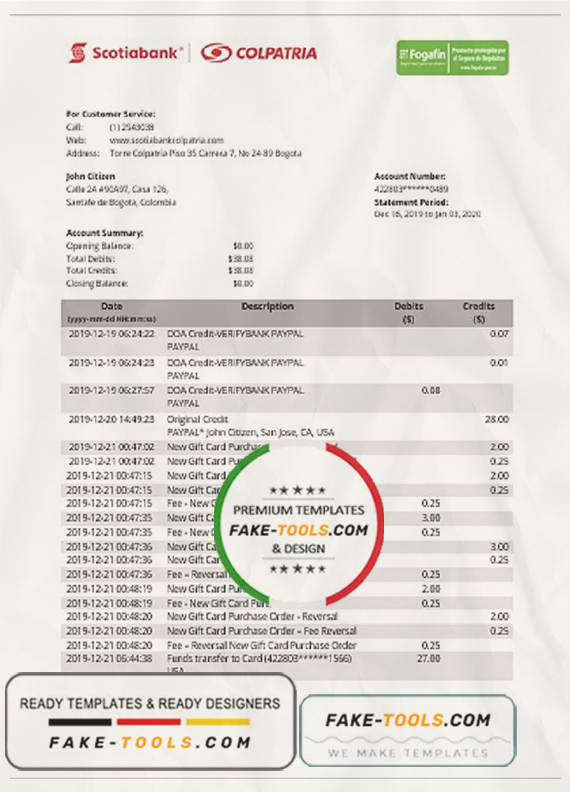 Colombia Scotiabank Colpatria bank proof of address statement template in Word and PDF format (.doc and .pdf) scan effect