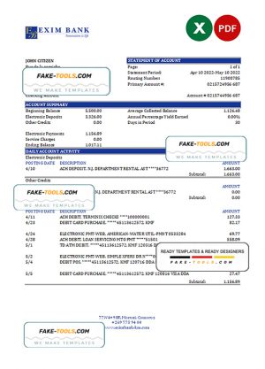 Comoros Exim bank statement Excel and PDF template, fully editable