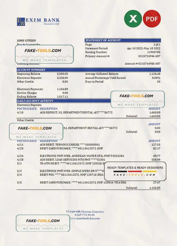Comoros Exim bank statement Excel and PDF template, fully editable scan effect
