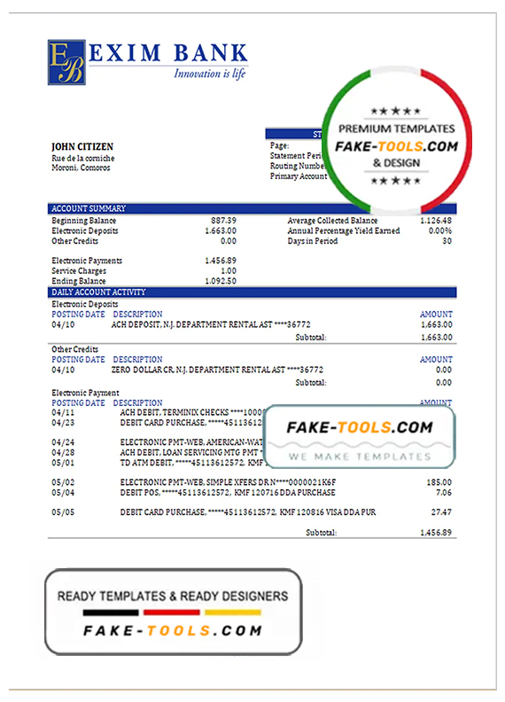 Comoros Exim bank statement template in Word and PDF format