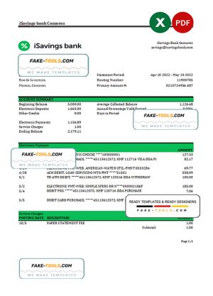 Comoros iSavings bank statement Excel and PDF template, completely editable (AutoSum)
