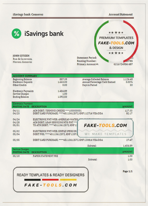 Comoros iSavings bank statement template in Word and PDF format scan effect