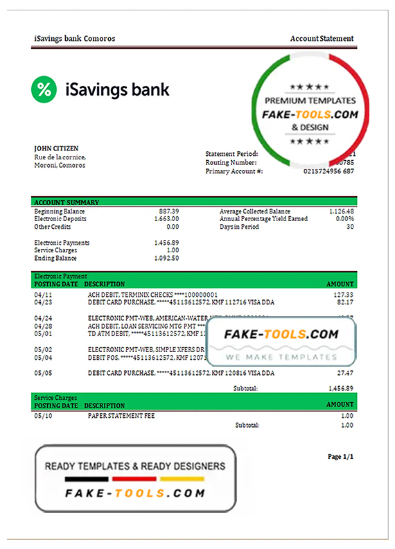 Comoros iSavings bank statement template in Word and PDF format