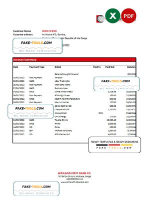 Congo Afriland First Bank statement Excel and PDF template (AutoSum)