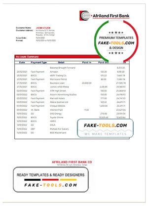 Congo Afriland First bank statement template in Word and PDF (.doc and .pdf) format