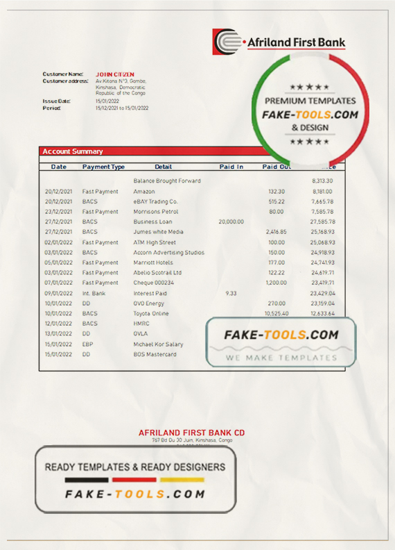 Congo Afriland First bank statement template in Word and PDF (.doc and .pdf) format scan effect