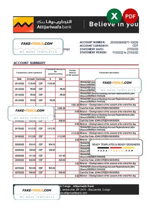 Congo Credit du Congo bank statement Excel and PDF template (AutoSum)