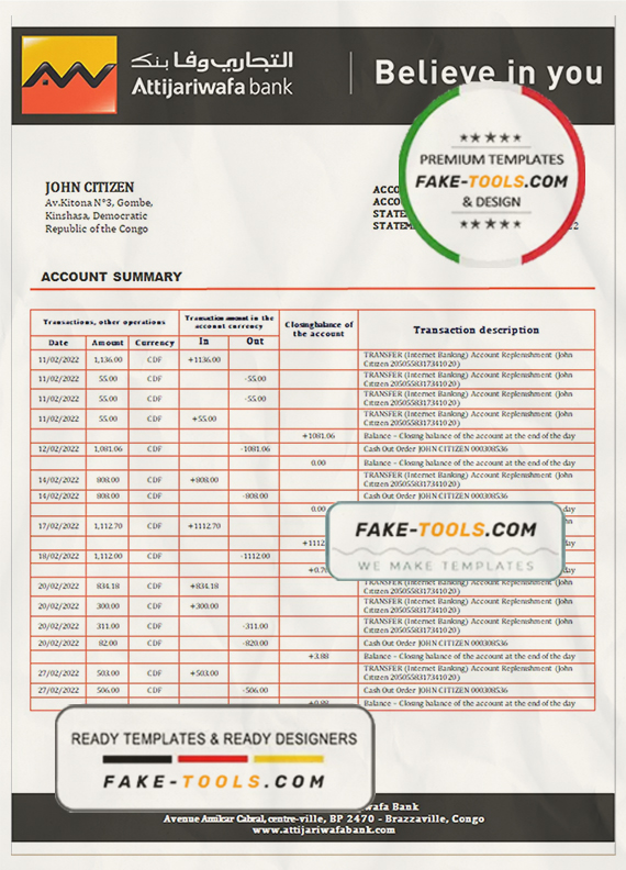 Congo Credit du Congo bank statement template in Word and PDF (.doc and .pdf) format scan effect