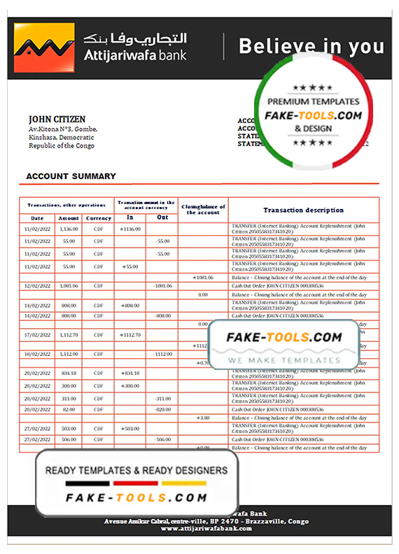 Congo Credit du Congo bank statement template in Word and PDF (.doc and .pdf) format